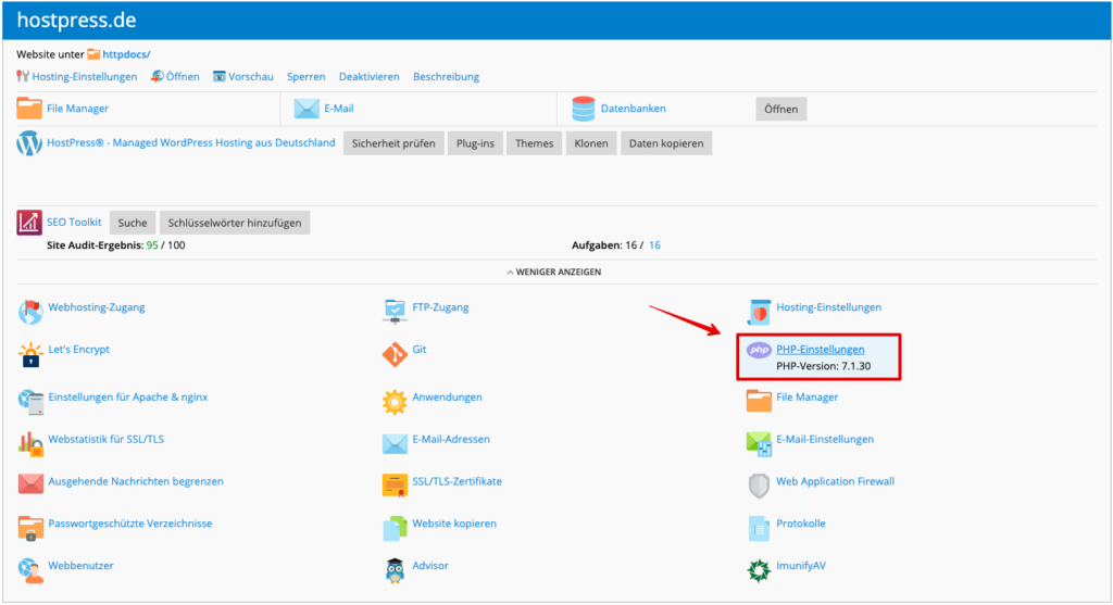 Screenshot: PLESK Benutzeroberfläche