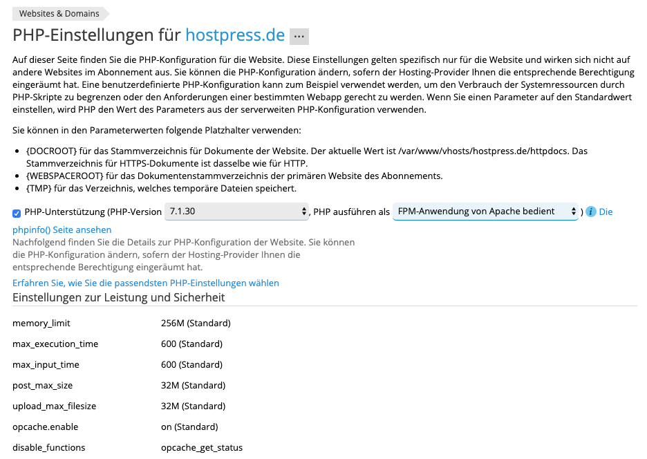Screenshot: PHP-Einstellungen