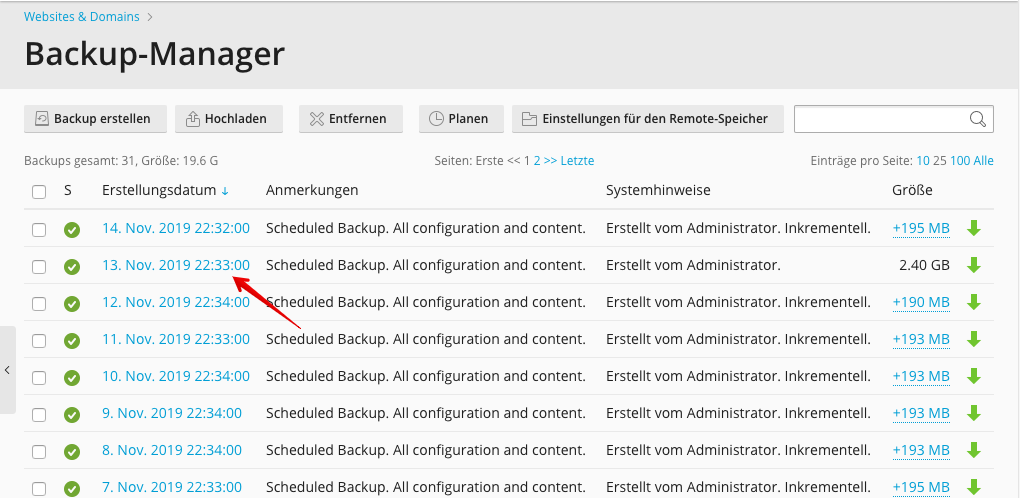 Screenshot: Der Backupmanager - Wahl des Backupdatums