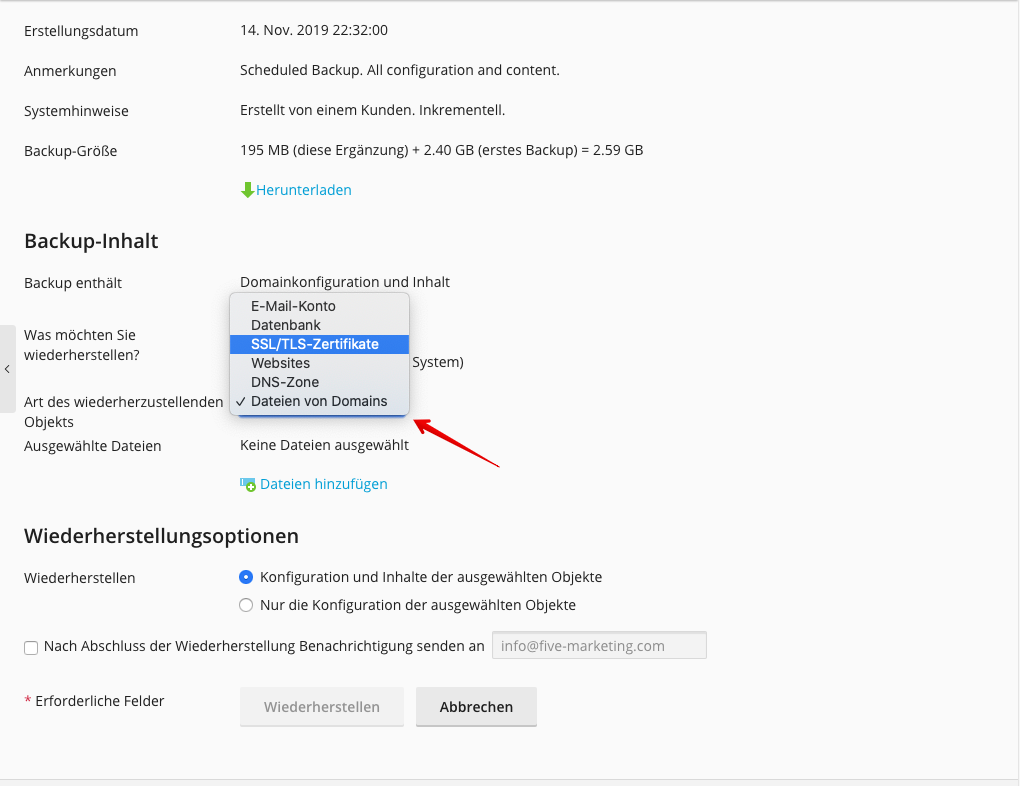 Screenshot: Der Backupmanager - Wahl der Wiederherstellung