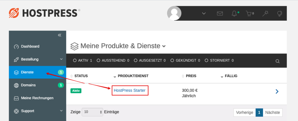 Screenshot: Kundencenter im Bereich Dienste