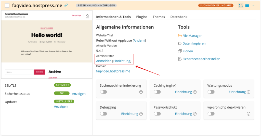 Screenshot: Plesk - WordPress Toolkit - Direktlogin