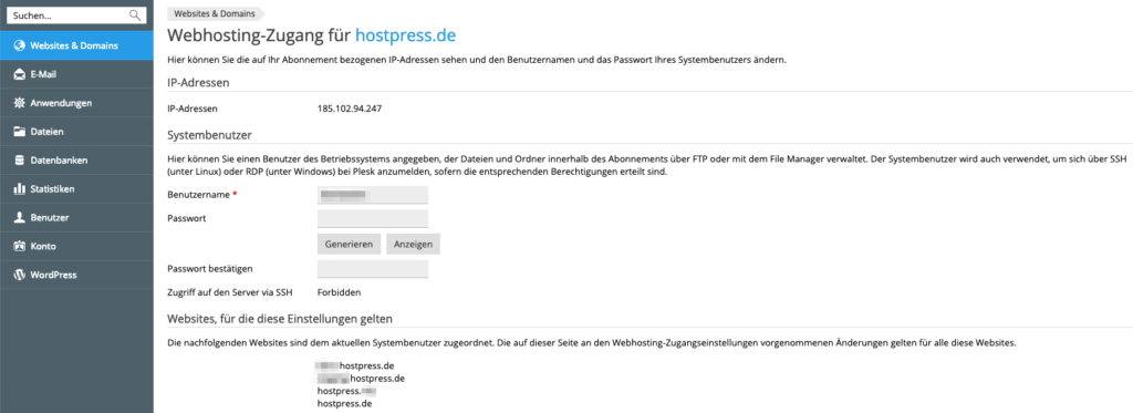 Screenshot aus Plesk - Bereich Webhosting Zugang