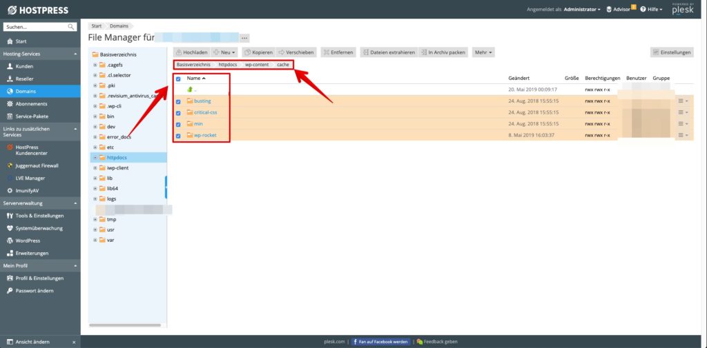 Cache über den File-Manager von Plesk leeren