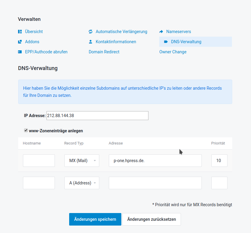 Screenshot: Kundencenter /  DNS-Verwaltung