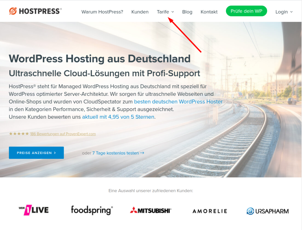 Screenshot: Internetseite HostPress - Tarife