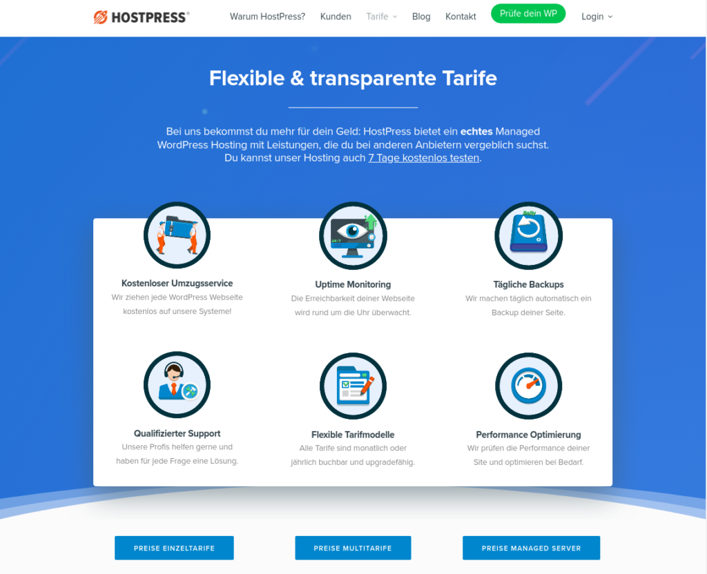 Screenshot: Internetseite HostPress - Tarifüberischt