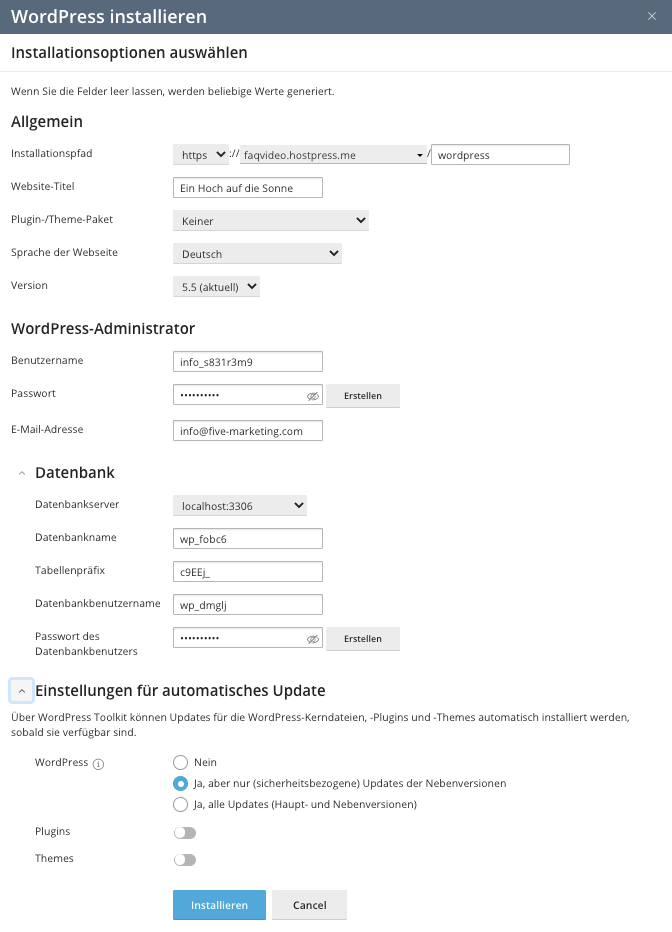 Screenshot: Plesk - WordPress-Toolkit - 1-Klick Installation