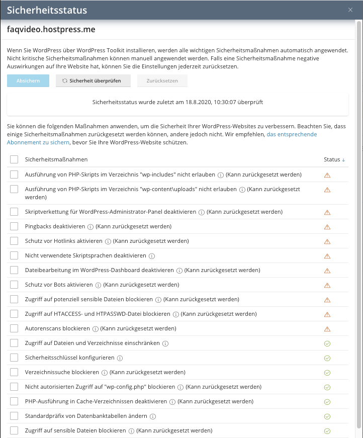 Screenshot: Plesk - WordPress-Toolkit - Sicherheitsempfehlungen